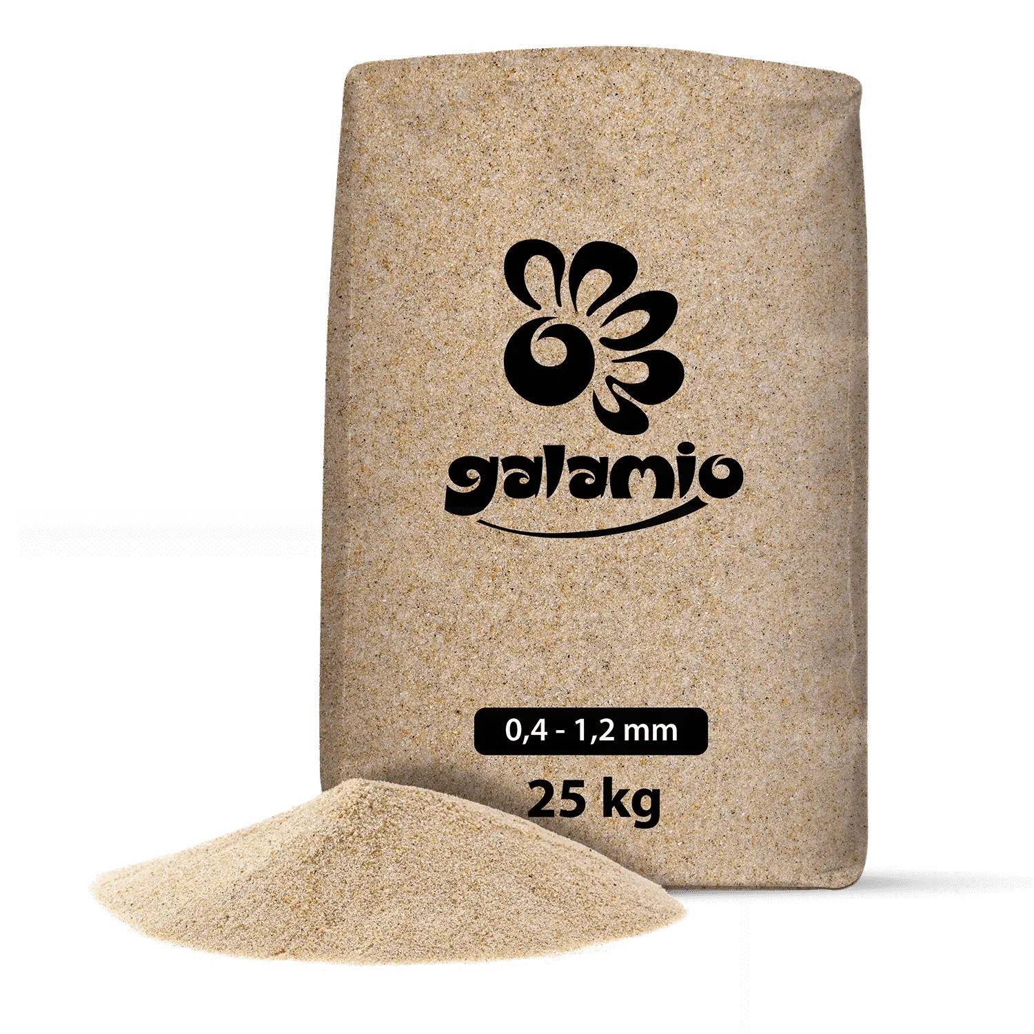 Galamio Quarzsand 0,4-1,2 mm im 25 kg Sack, Teil einer 1000 kg Palette Schüttgüter.