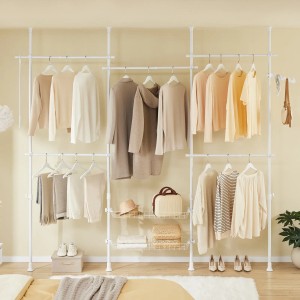 SoBuy Teleskop Kleiderständer mit 5 Stangen und 2 Körben, weiße Garderobe.
