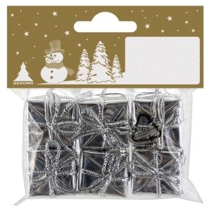 6 silberne Deko-Päckchen zum Aufhängen, Ø 2,5 cm, Baumbehang für Weihnachten.