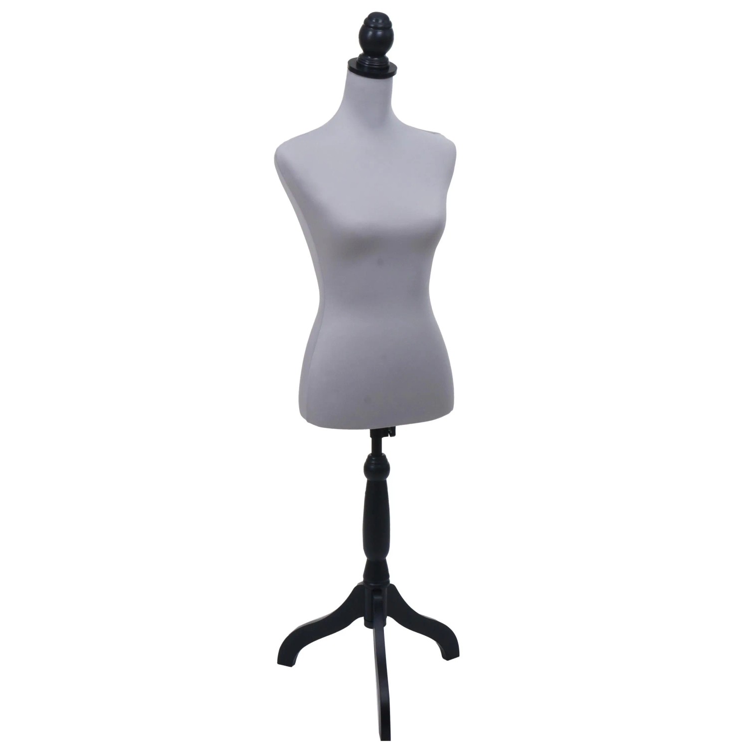 Graue weibliche Schneiderpuppe mit Schaumstofftorso, schwarzem Holzknauf und höhenverstellbarem Dreibein-Standfuß.
