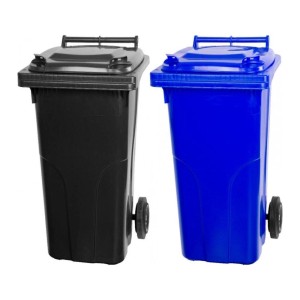 PROREGAL Mülltonnen-Set: 2 Mülltonnen (120L) in Grau/Schwarz und Blau aus HDPE-Kunststoff mit Rädern.