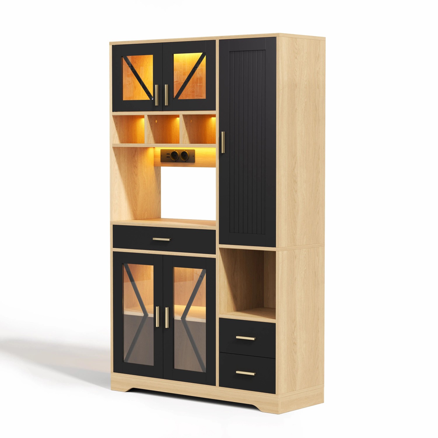 okwish Küchenschrank mit LED Beleuchtung Steckdosen Schublade Stauraum 185x105x40cm Schwarz
