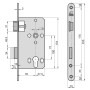 Technische Zeichnung BASI Zimmertürschloss ES 928, DIN Links, Edelstahl, Maße und Details.