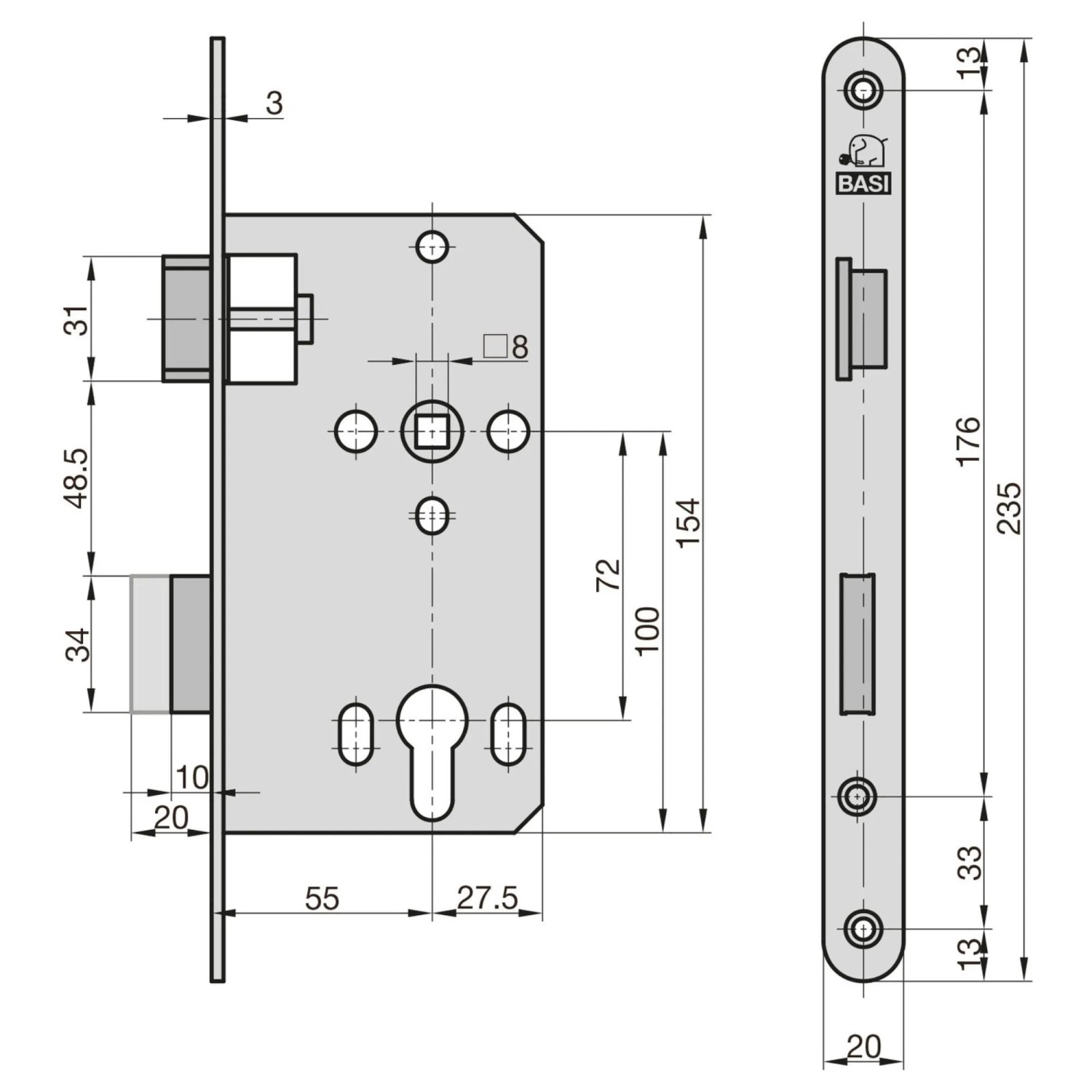 Technische Zeichnung BASI Zimmertürschloss ES 928, DIN Links, Edelstahl, Maße und Details.