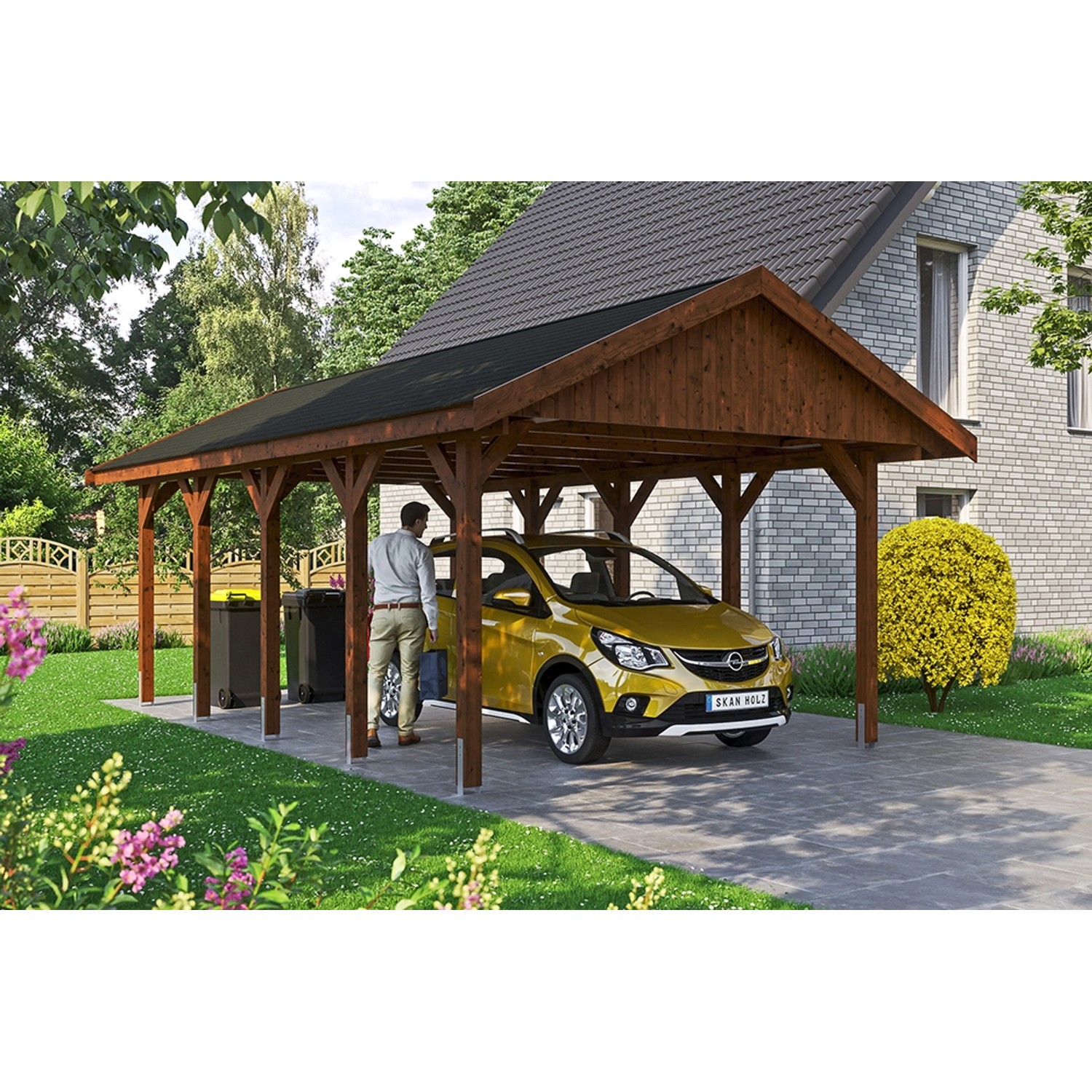 Satteldach-Carport Wallgau Nussbaum 430 x 750 cm schwarze Schindeln günstig online kaufen