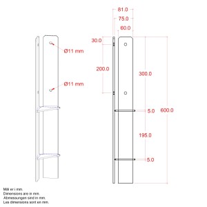 Technische Zeichnung Pfostenträger feuerverzinkt, 400 mm, für 9x9 cm Pfosten mit Maßangaben.