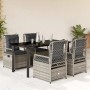 Graue 5-tlg. Garten Essgruppe aus Polyrattan mit schwarzen Kissen und Tisch mit Glasplatte.
