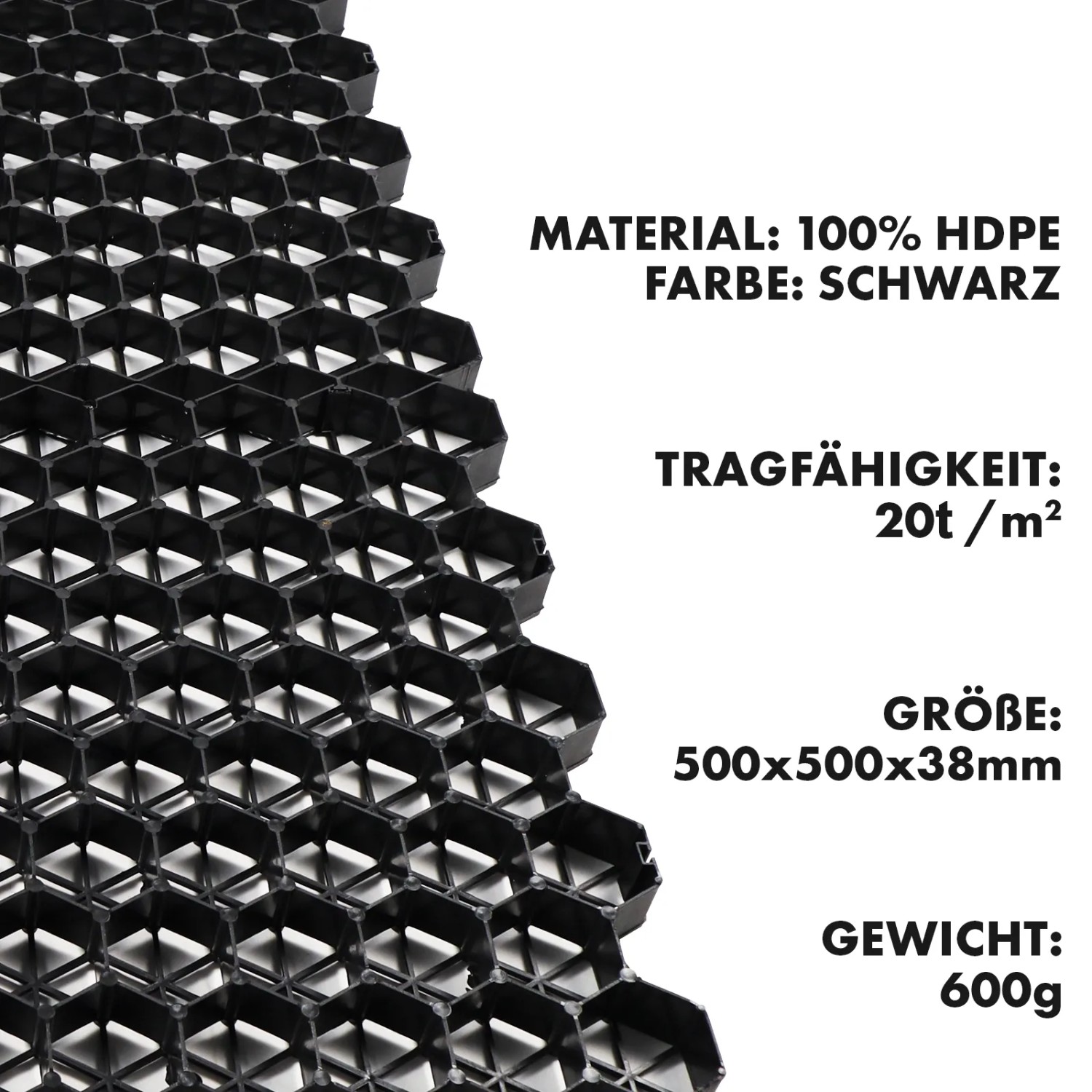 Schwarzes KARAT Rasengitter aus Kunststoff (50x50 cm) zur Bodenverstärkung.