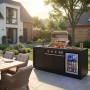 Buschbeck Outdoorküche Liverpool Schwarz mit Grill, Spüle und Kühlschrank im Garten.