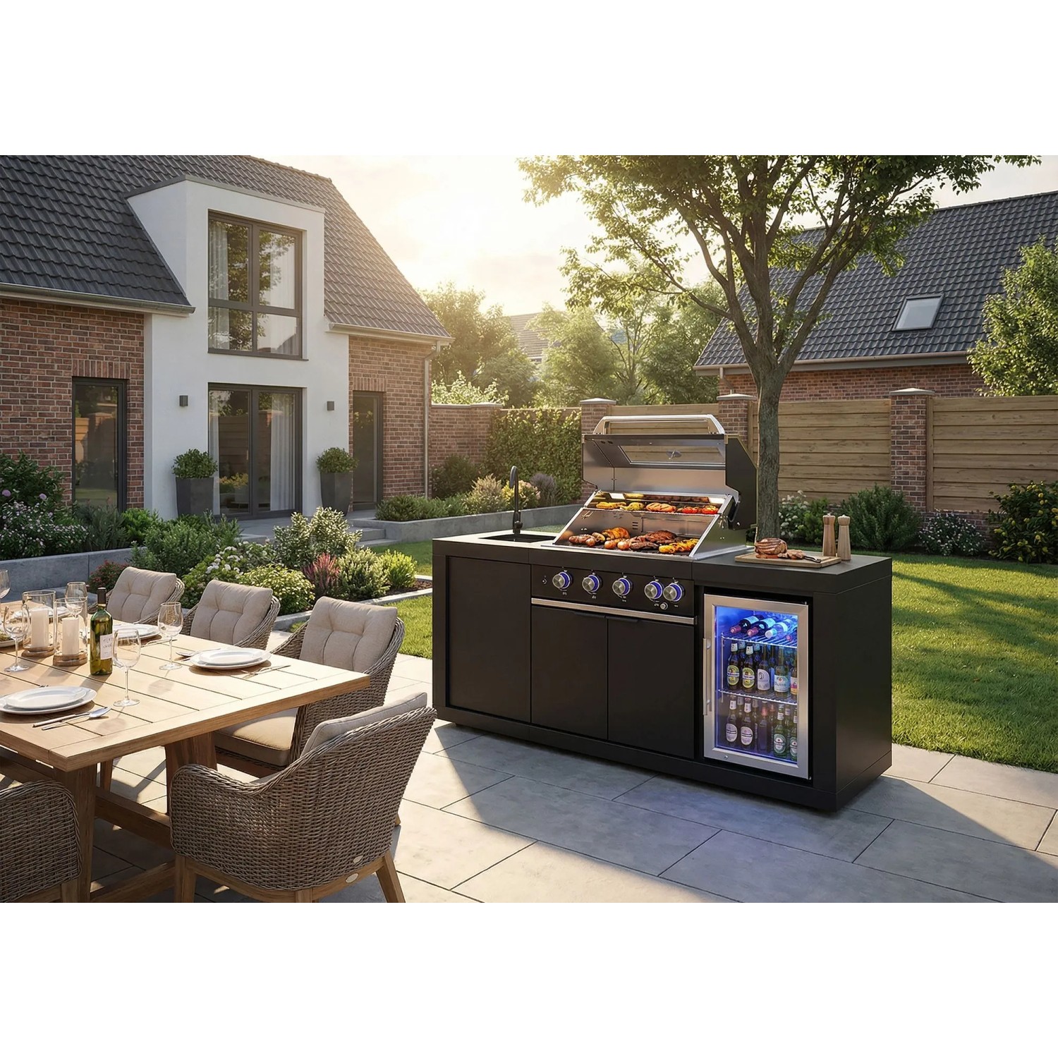 Buschbeck Outdoorküche Liverpool Schwarz mit Grill, Spüle und Kühlschrank im Garten.