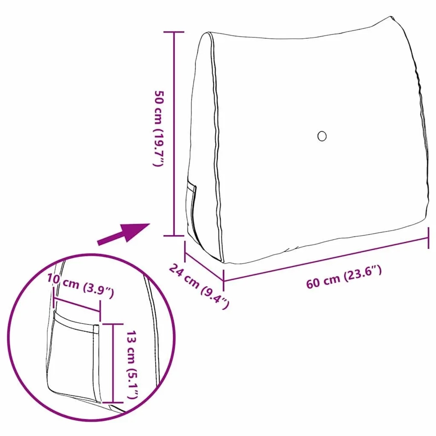 Weißes vidaXL Rückenkissen aus Stoff, 60x24x50 cm, ergonomisch geformt mit Seitentasche.