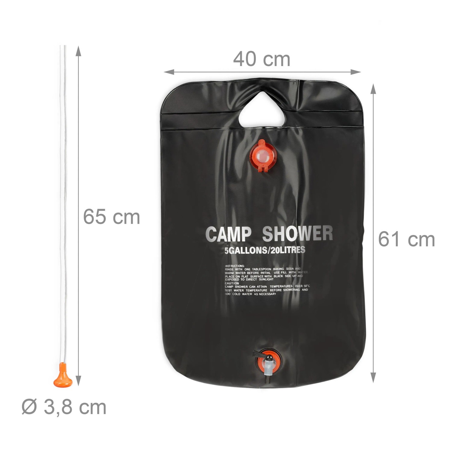 Faltbare, schwarze 20L Campingdusche von Relaxdays mit Schlauch und Brause. Ideal für Outdoor und Camping.