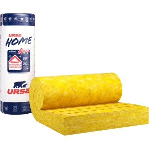 Ursa Home Klemmfilz 200mm: Rolle und ausgerollte Dämmplatte aus gelber Glaswolle.