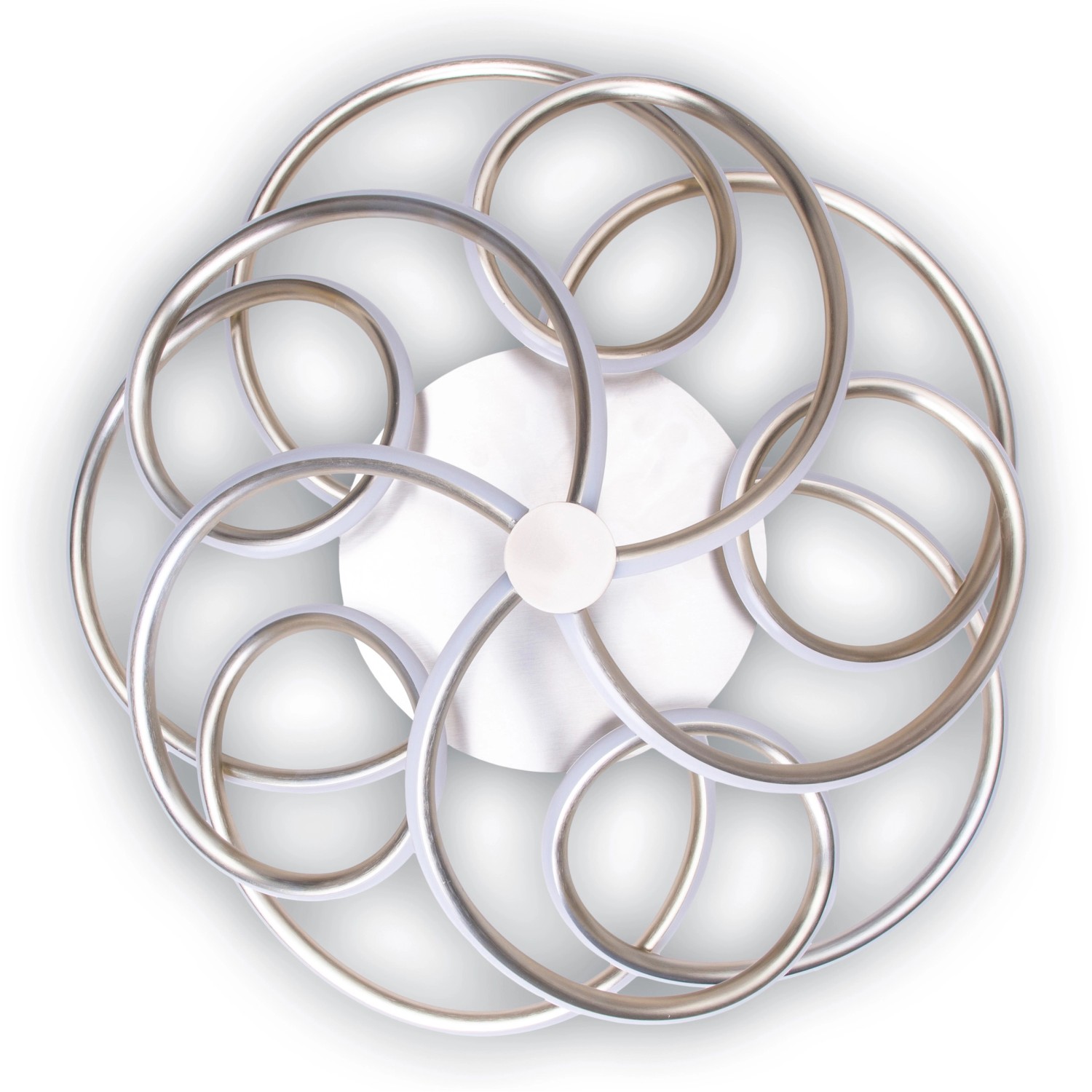 Moderne LED-Deckenleuchte Rizado in Satin-Nickel, Ø 57 cm, abstraktes Design mit verschlungenen Ringen.