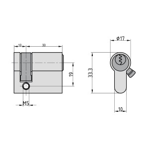 Technische Zeichnung Basi Bau-Zylinder G102, 10/30 mm, Profil-Halbzylinder mit Maßen.