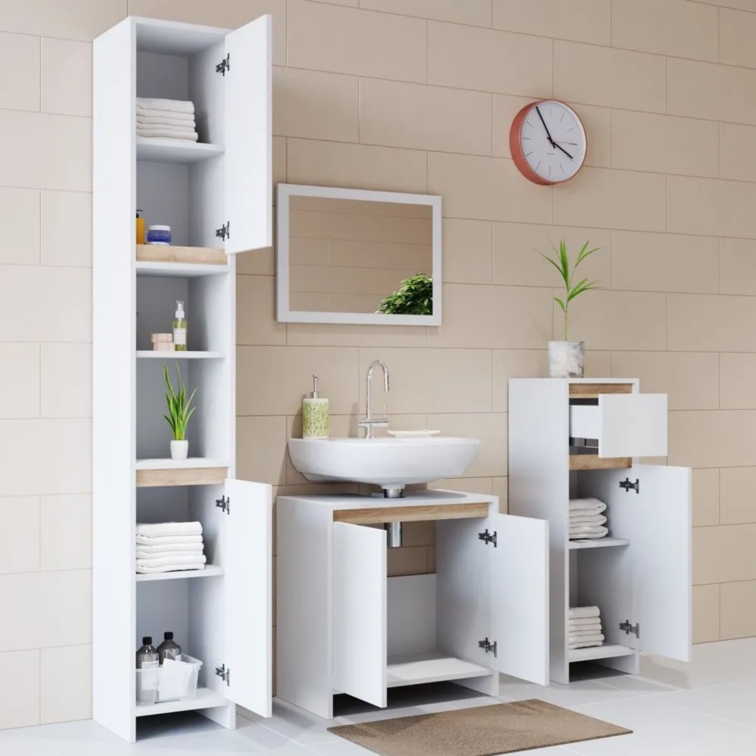 Vicco Badmöbel-Set Emma, 4-teilig in Weiß/Sonoma mit Spiegelschrank, Waschbeckenunterschrank, Badschrank und Midischrank.