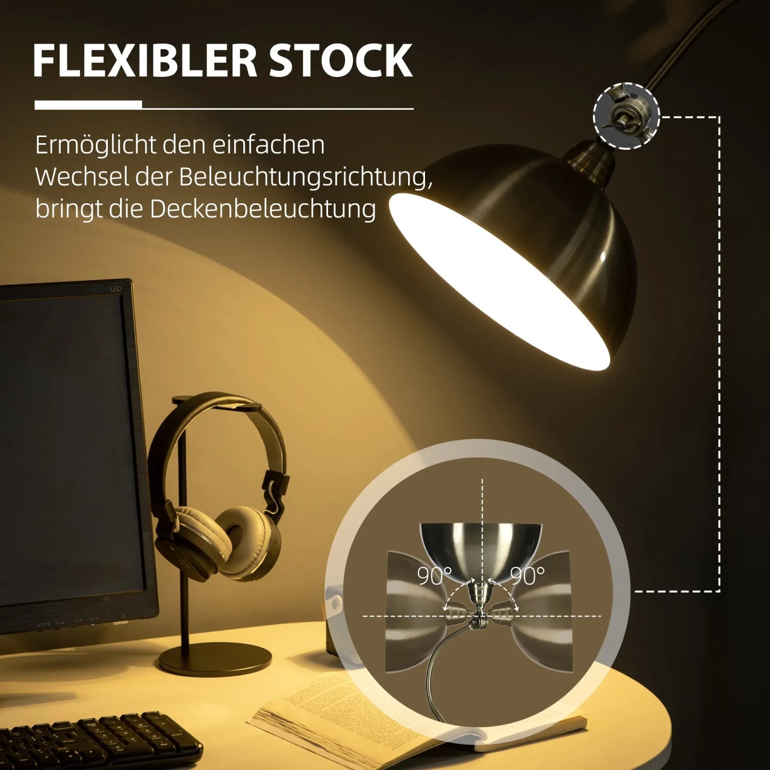 Verstellbare HOMCOM Stehlampe in Messingoptik mit E27 Fassung, flexible Innenleuchte.
