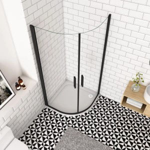 Runddusche Viertelkreis 90x90cm mit schwarzem Rahmen, Klarglas ESG Schwingtür in modernem Bad.