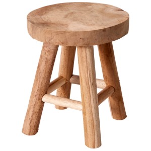 Runder Sitzhocker aus Teakholz, naturfarben, Ø 15 cm, Höhe 17,5 cm.