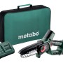 Metabo Akku-Gehölzsäge MS 18 LTX 15 mit Zubehör: Akku, Ladegerät und Tasche.