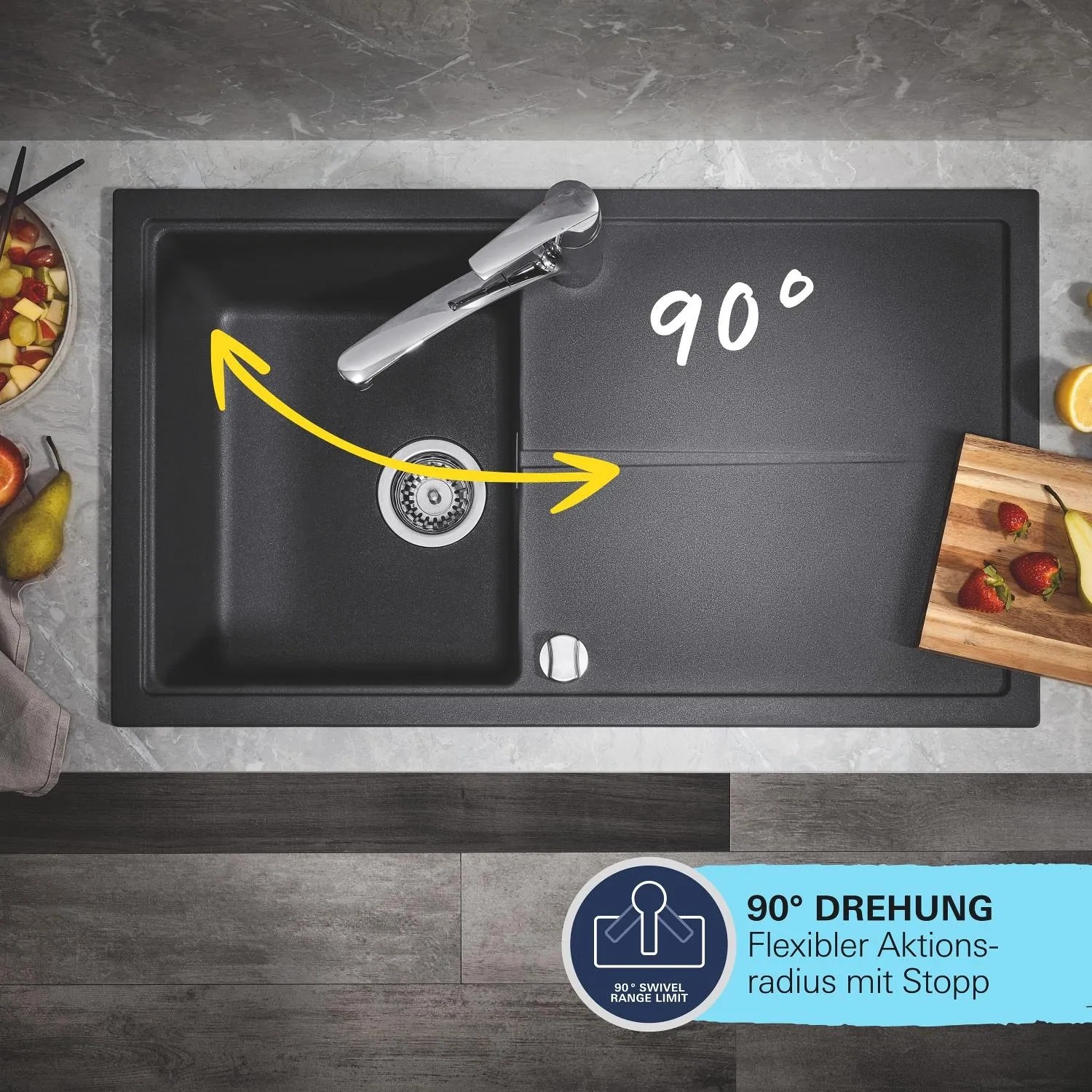 Grohe Spültischarmatur Start Schwarz: Einhebelmischer mit 90° Schwenkbereich an Spüle.