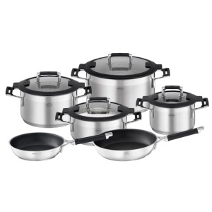 RÖSLE Silence Pro 6-teiliges Kochgeschirr-Set aus Edelstahl mit Glasdeckeln, schwarzen Silikongriffen, induktionsgeeignet.