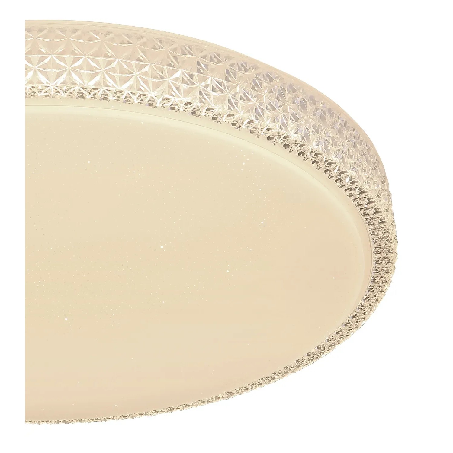 Weiße LED-Deckenleuchte Ovi, Ø 60cm, mit Sparkleeffekt und klaren Kunststoffkristallen.