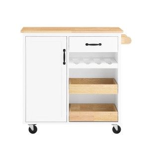 SoBuy Servierwagen FKW131-WN mit 2 Tabletts, Schublade, Weinregal und Schrank, weiß/holzfarben.