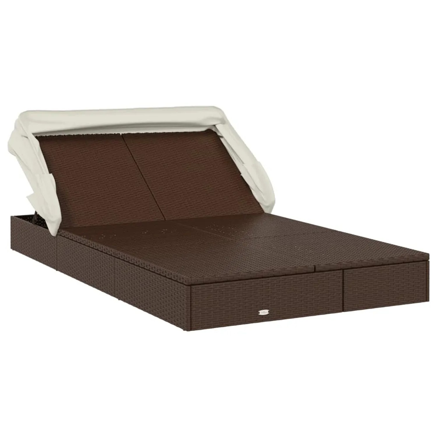 Braune 2-Personen-Sonnenliege mit Dach aus Poly Rattan und cremeweißen Kissen.