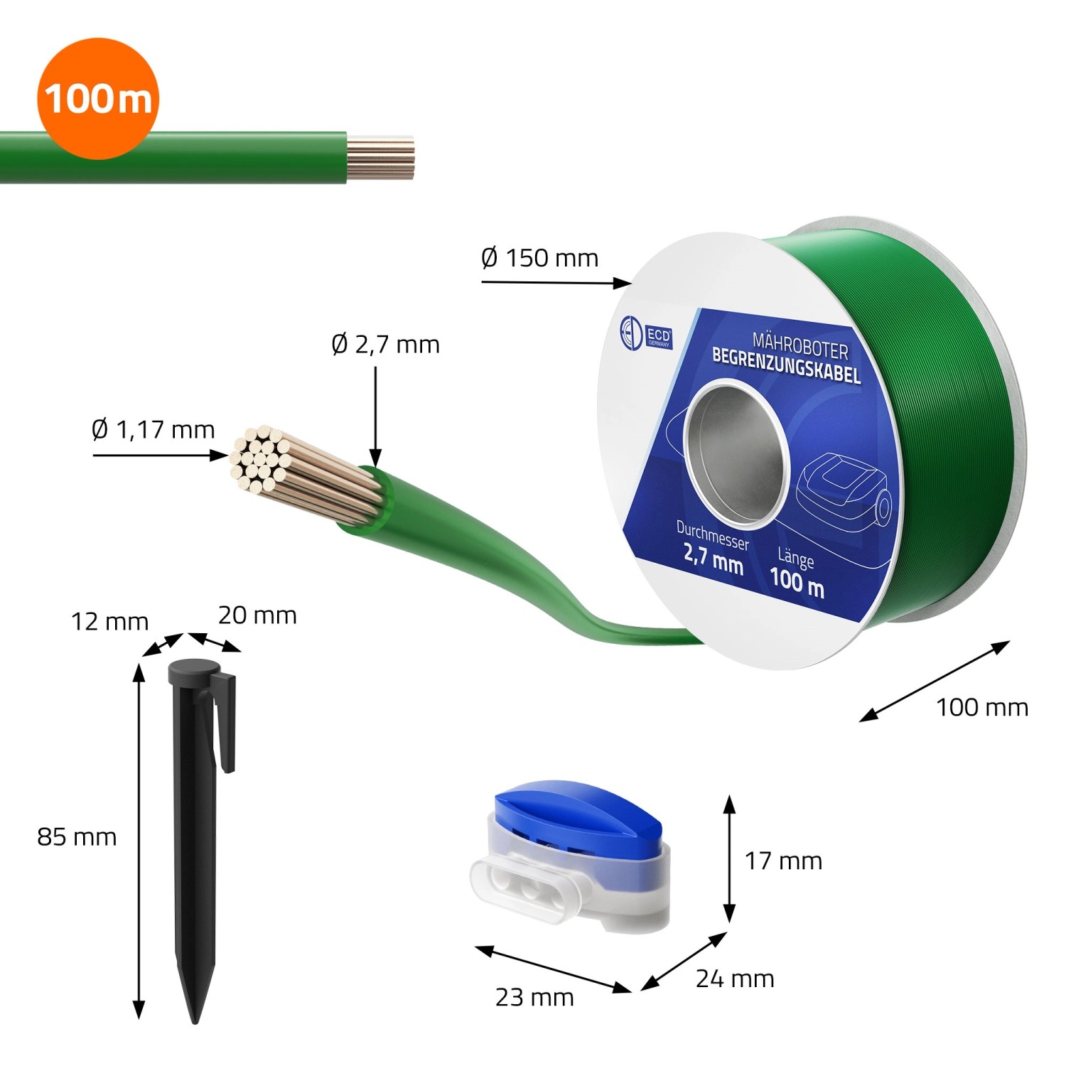 ECD Germany 100m Begrenzungskabel für Mähroboter mit Haken und Verbinder.