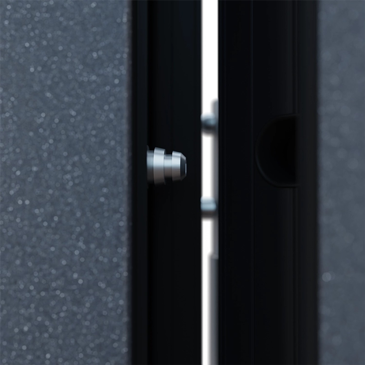 Detailaufnahme: Anthrazitfarbene FM Tür AS68 mit Beschlägen und Glas.