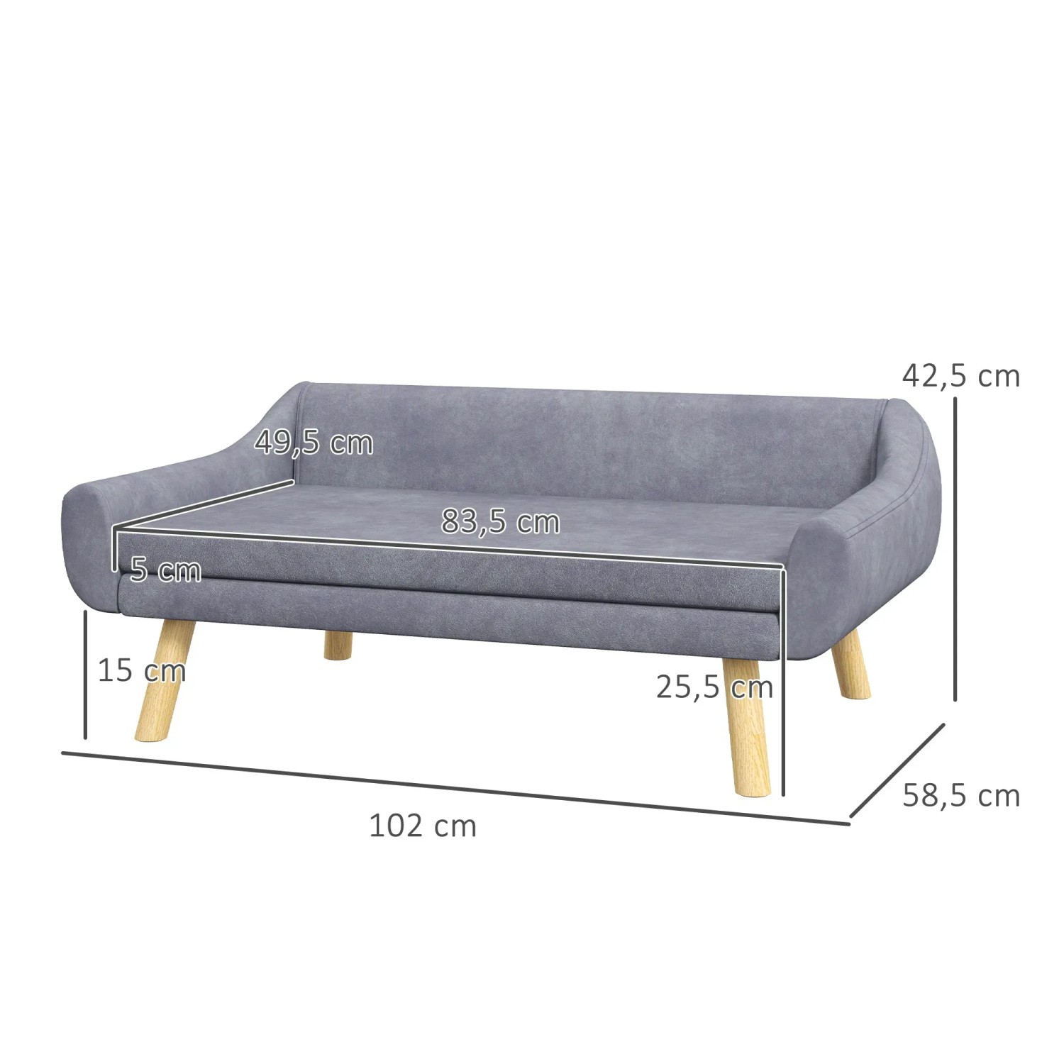 Graues PawHut Hundesofa mit Holzbeinen und Kissen, bequeme Hundecouch für Haustiere.