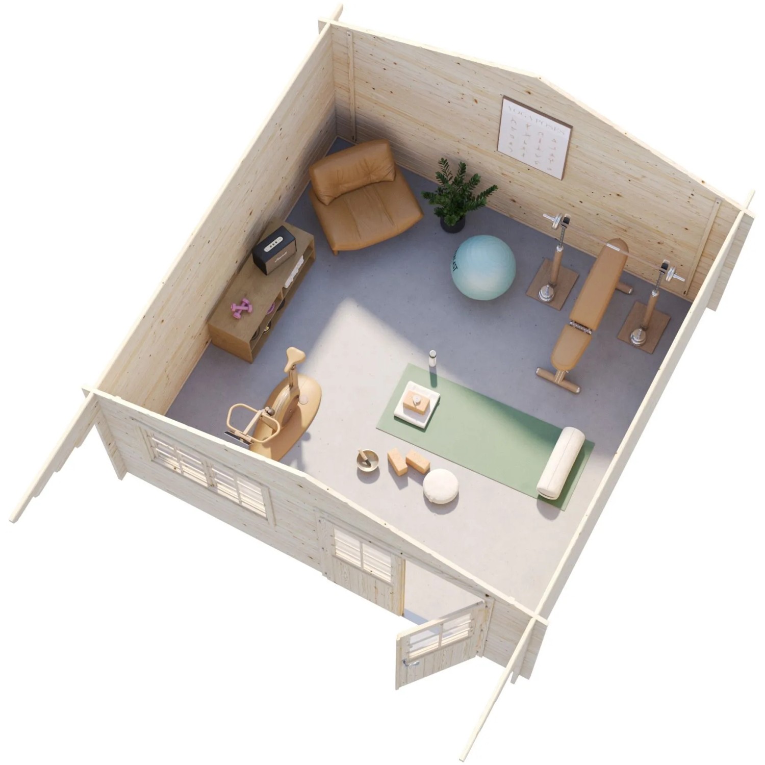 Innenansicht Palmako Gartenhaus Britta 426x426 cm, hellgrau-anthrazit, mit Fitnessgeräten.