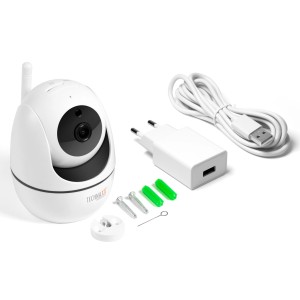 Technaxx IP-Kamera TX-146 PT WLAN Full HD mit Zubehör für die Innenraumüberwachung.