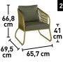 Abbildung des Lounge-Sessels aus dem 4-teiligen Lounge-Set Scafford mit Seilbespannung in Oliv, Maße sind eingezeichnet.