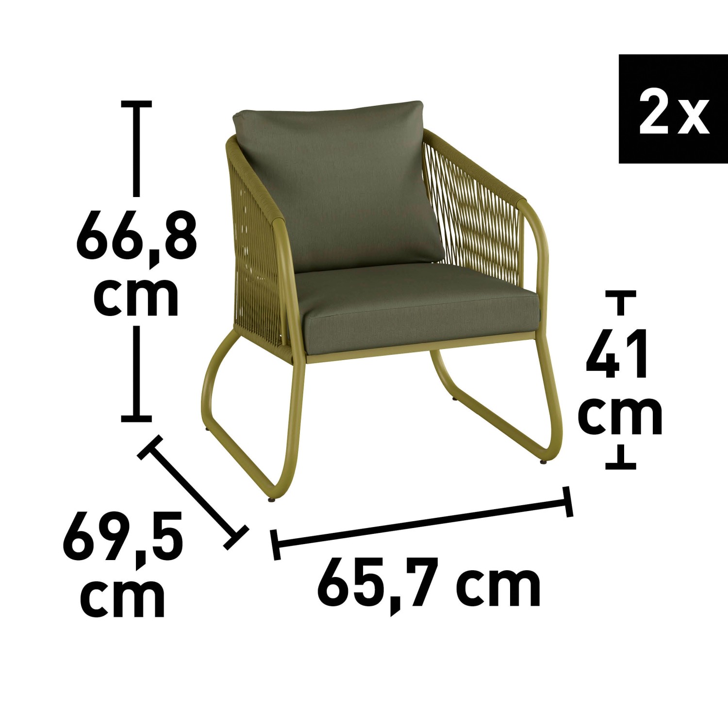 Abbildung des Lounge-Sessels aus dem 4-teiligen Lounge-Set Scafford mit Seilbespannung in Oliv, Maße sind eingezeichnet.