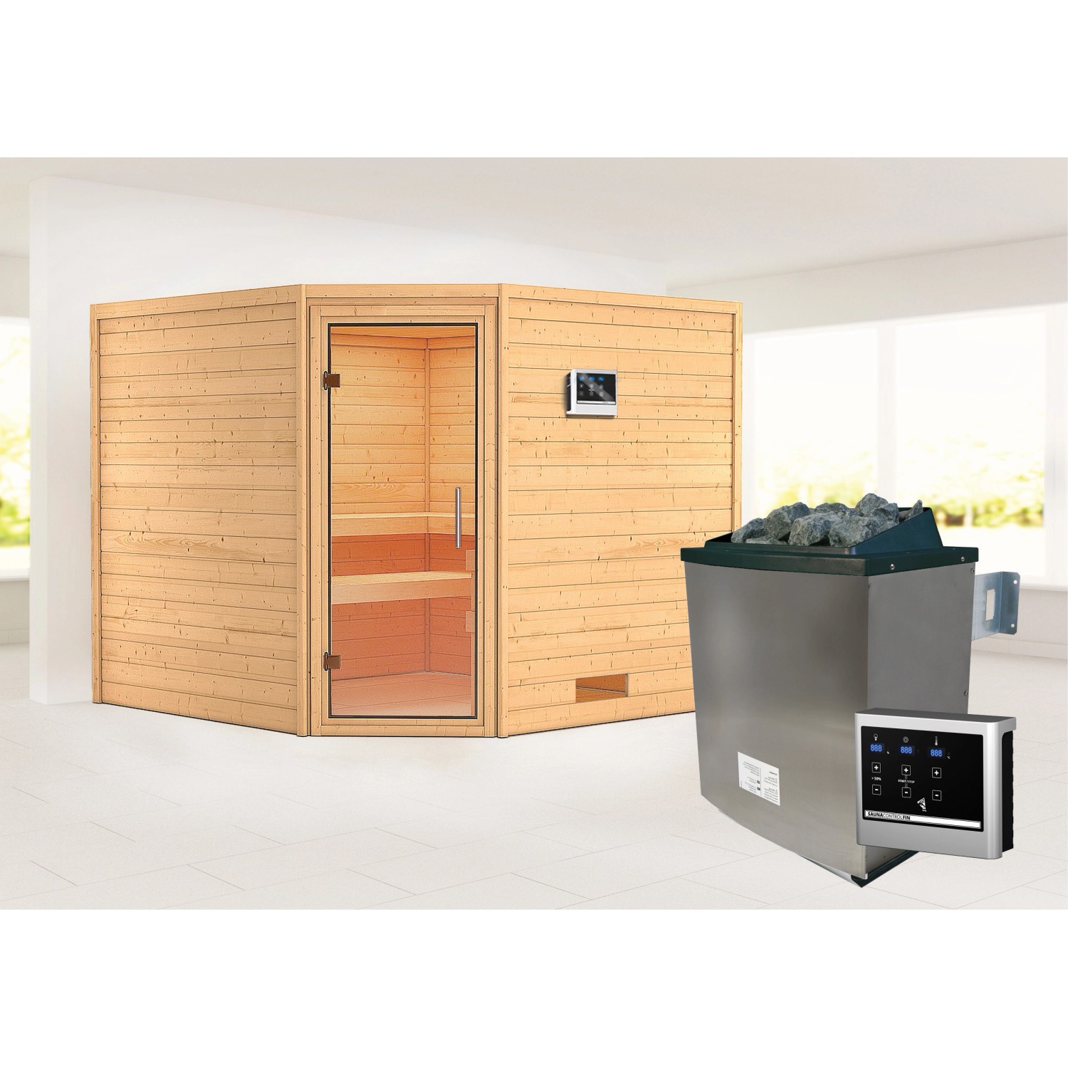 Karibu Sauna Leona 2 mit Ofen externe Stg.Easy Natur