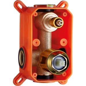 KOLMAN Unterputz Duschsystem Installationsbox mit Messingarmatur und goldenem Anschluss für Wandmontage.