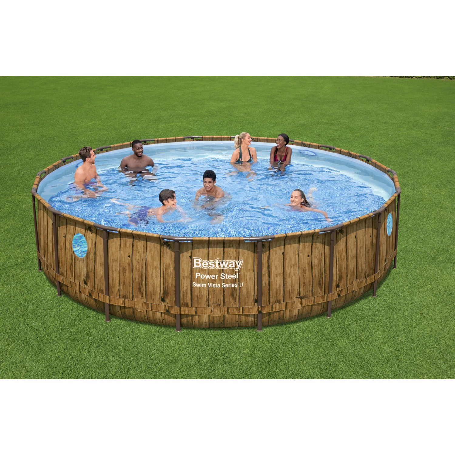 Bestway Stahlrahmenpool Set Power Steel Swim Vista, Ø 549 cm, braun, mit Badegästen.