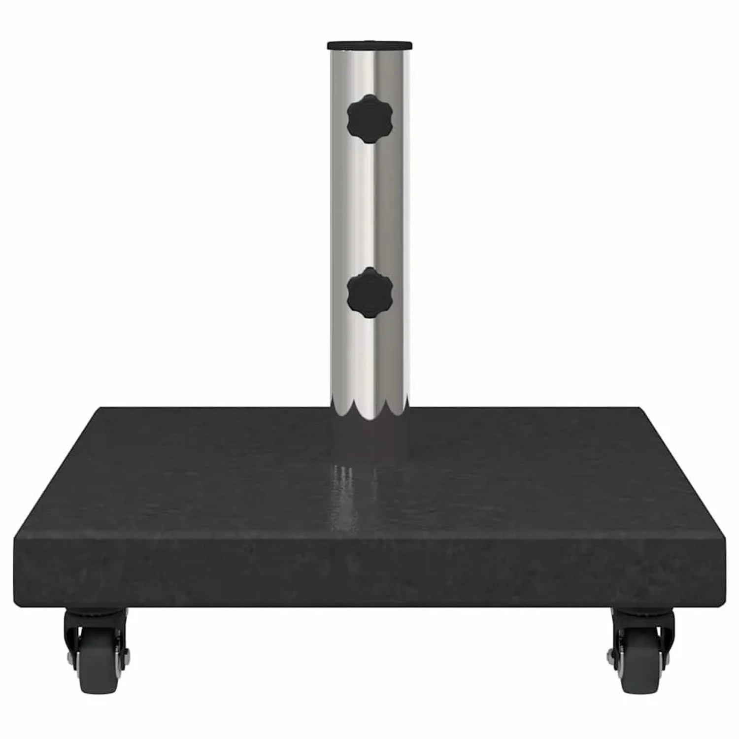 Schwarzer vidaXL Sonnenschirmständer aus Granit, quadratisch mit Rollen.
