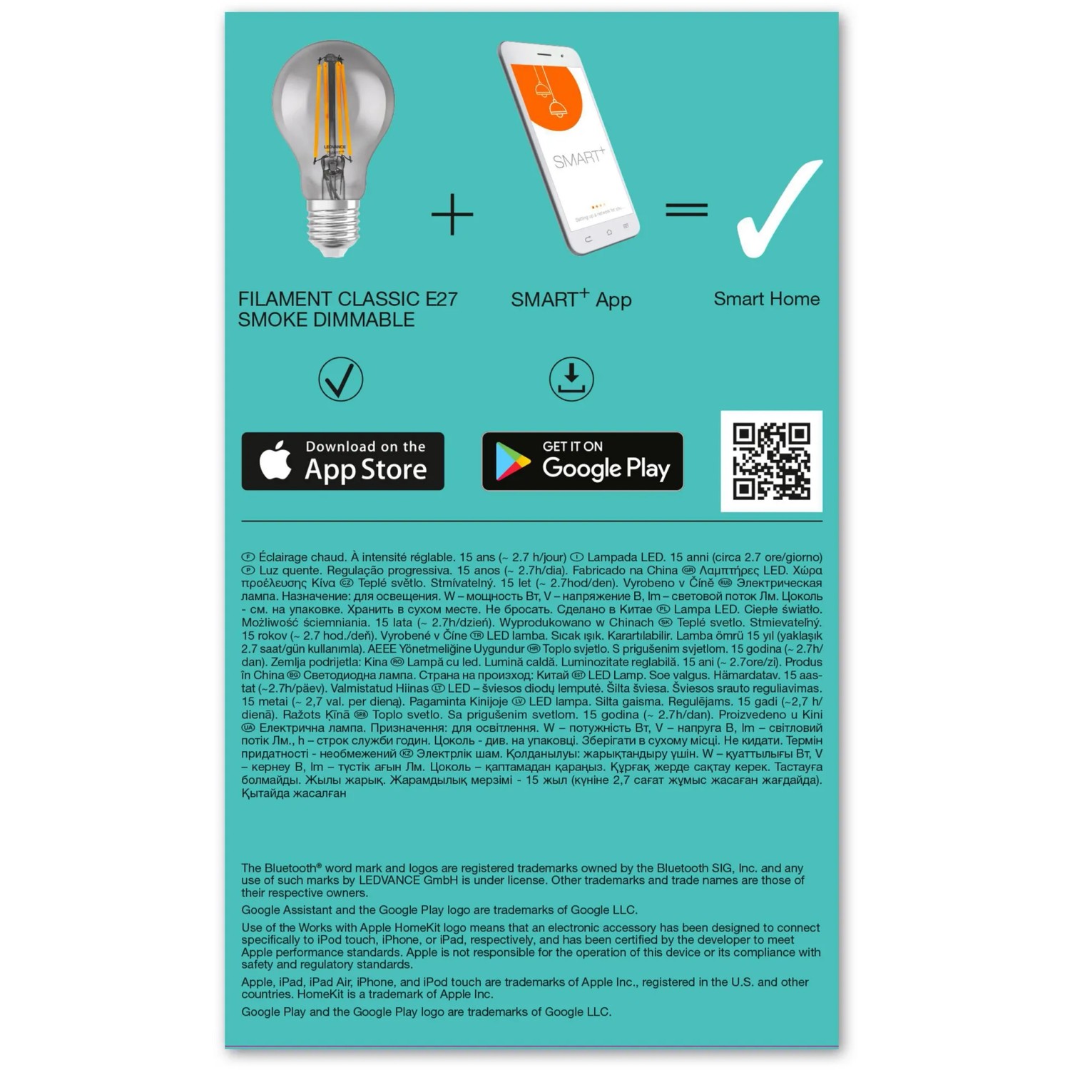 Ledvance Smart+ Bluetooth LED-Filamentlampe Kolbenform Smoke E27/6W, smarte Lichtsteuerung.