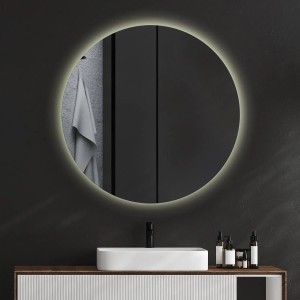 Runder Tulup LED-Badspiegel mit warmweißer Hintergrundbeleuchtung über modernem Waschbecken. Ø60 cm Dekospiegel.
