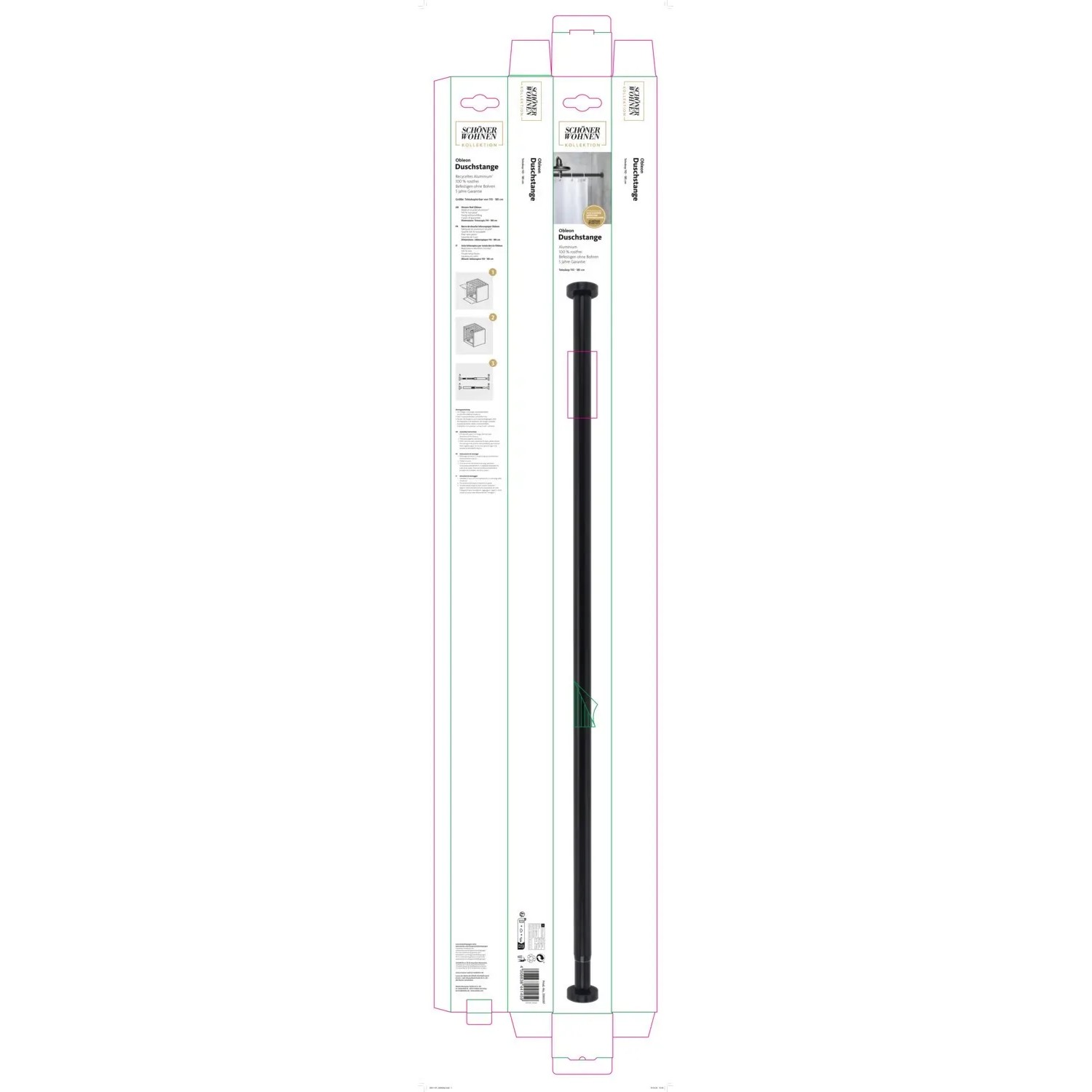 Schwarze Schöner Wohnen Teleskop-Duschvorhangstange Obleon, 110-185 cm, in Verpackung.