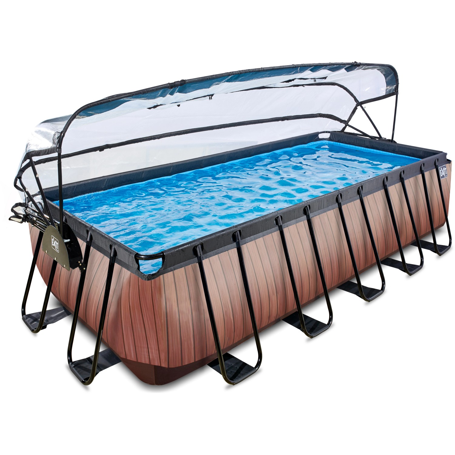 Rechteckiger EXIT Wood Pool in Braun mit Abdeckung, Sandfilterpumpe und Wärmepumpe.