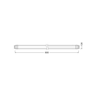 Technische Zeichnung der OSRAM LED Röhre T8 G13. Zeigt zylindrische Form, Endkappen und Maße 600x26 mm für kaltweißes Licht.