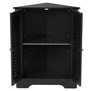 Schwarzer Eckschrank mit 2 offenen Lamellentüren und 2 Innenregalen. Ideal als Badezimmerschrank oder Badregal.