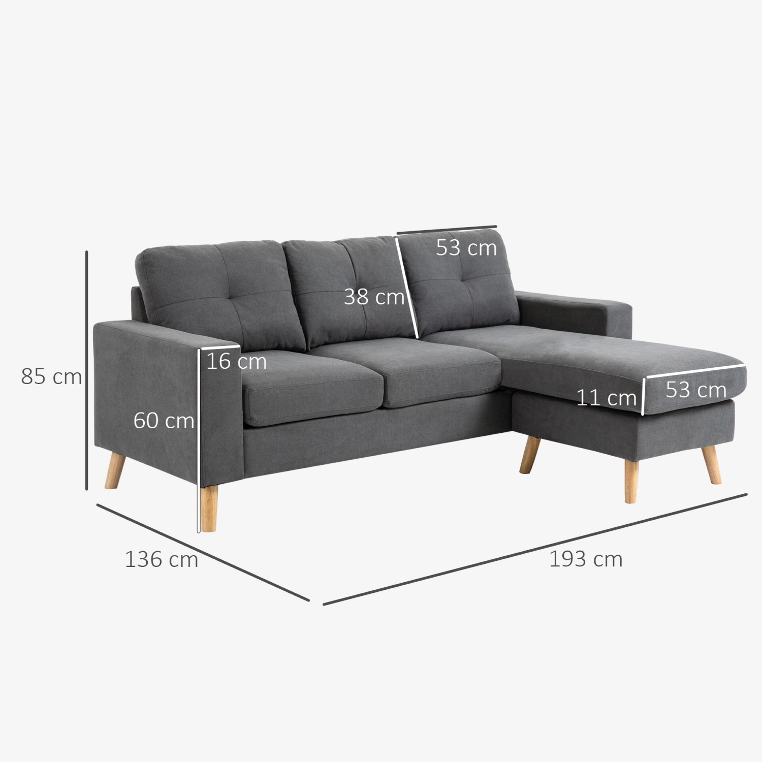 Graues HOMCOM Ecksofa in L-Form mit Leinenoptik und Chaiselongue, Maße eingezeichnet.