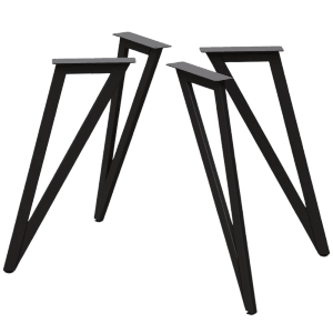 Set aus 4 schwarzen, dreieckigen Metall-Tischgestellen für Esstische.