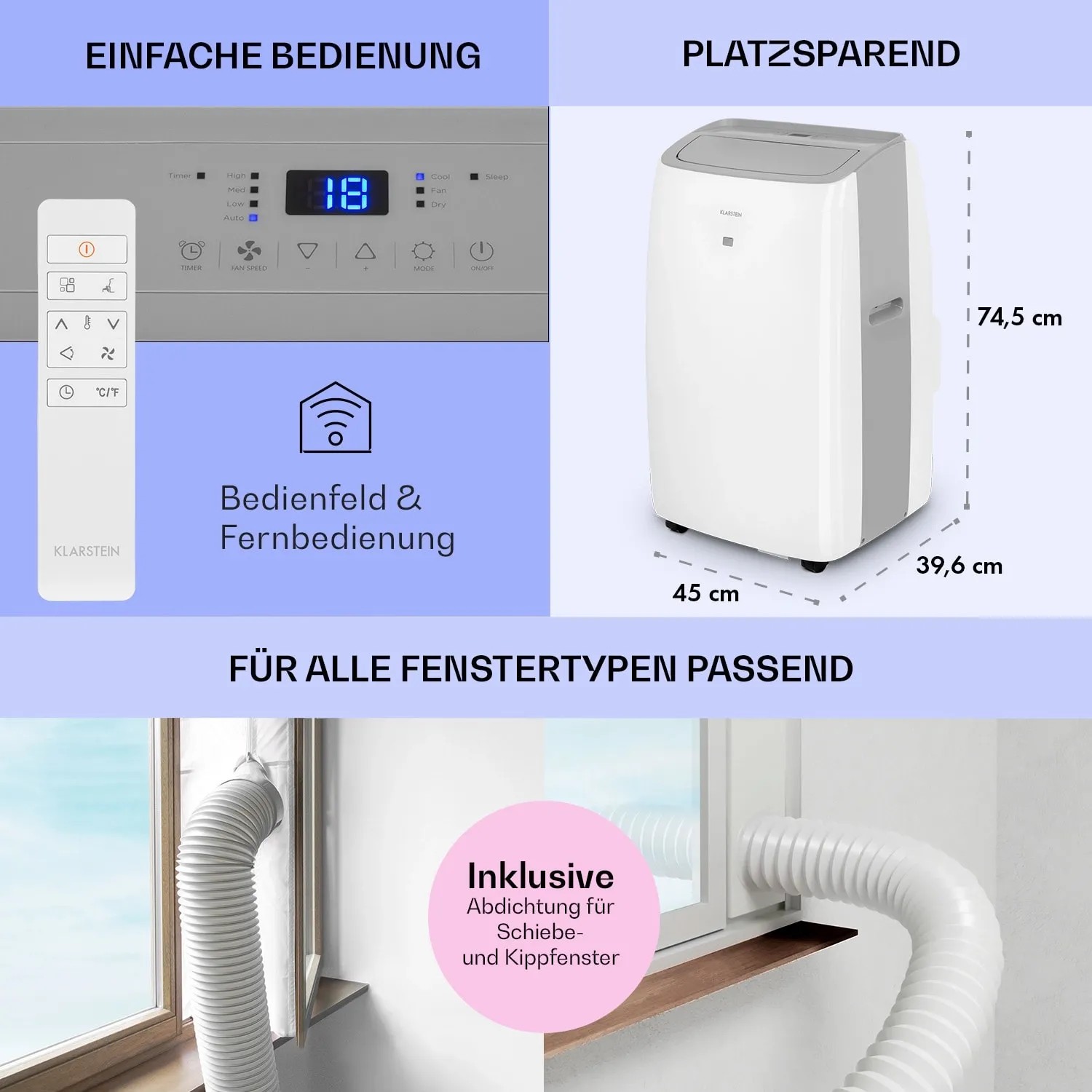 Klarstein Grandbreeze Eco 12K Klimaanlage: Mobiles Klimagerät in Weiß mit Fernbedienung und Fensterabdichtung.