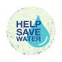 Symbol für Wassersparen: Blauer Wassertropfen und Schriftzug "Help Save Water" auf beigem Grund.